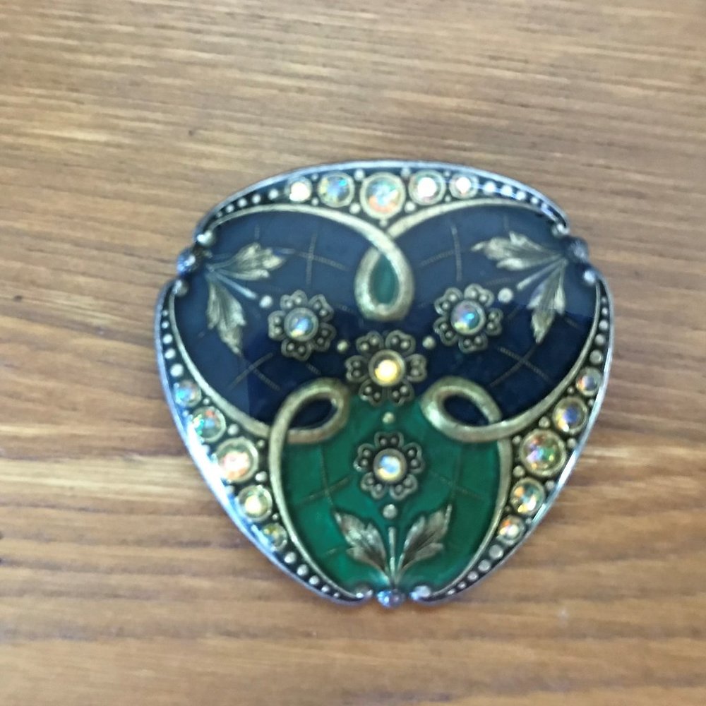 Vintage Catherine Popesco France Enameled and Crystal Triangle Pin Brooch
